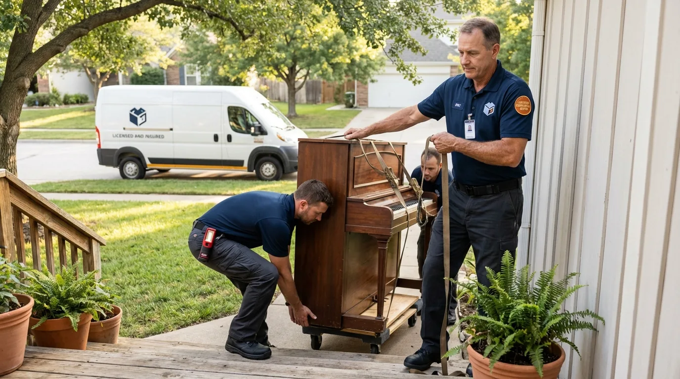 Licensed piano movers securing grand piano in Pine Bluffs, WY