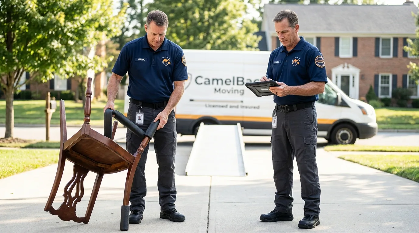 Movers inspecting furniture for damage prevention before loading in Pine Bluffs, WY