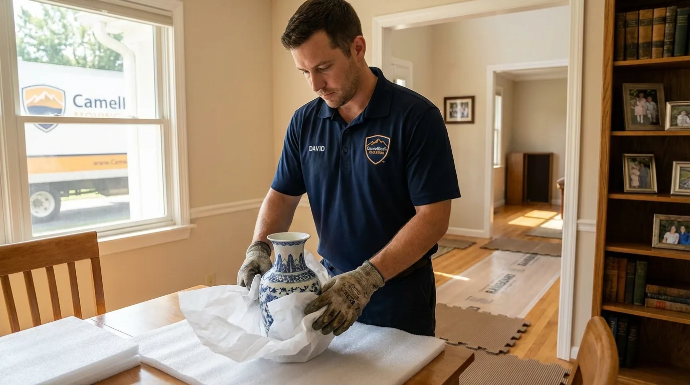 Professional crew carefully wrapping antique vase for senior downsizing move in Pine Bluffs, WY